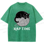 Unisex Nap Time Cat Printed Washed Tee