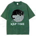 Unisex Nap Time Cat Printed Washed Tee