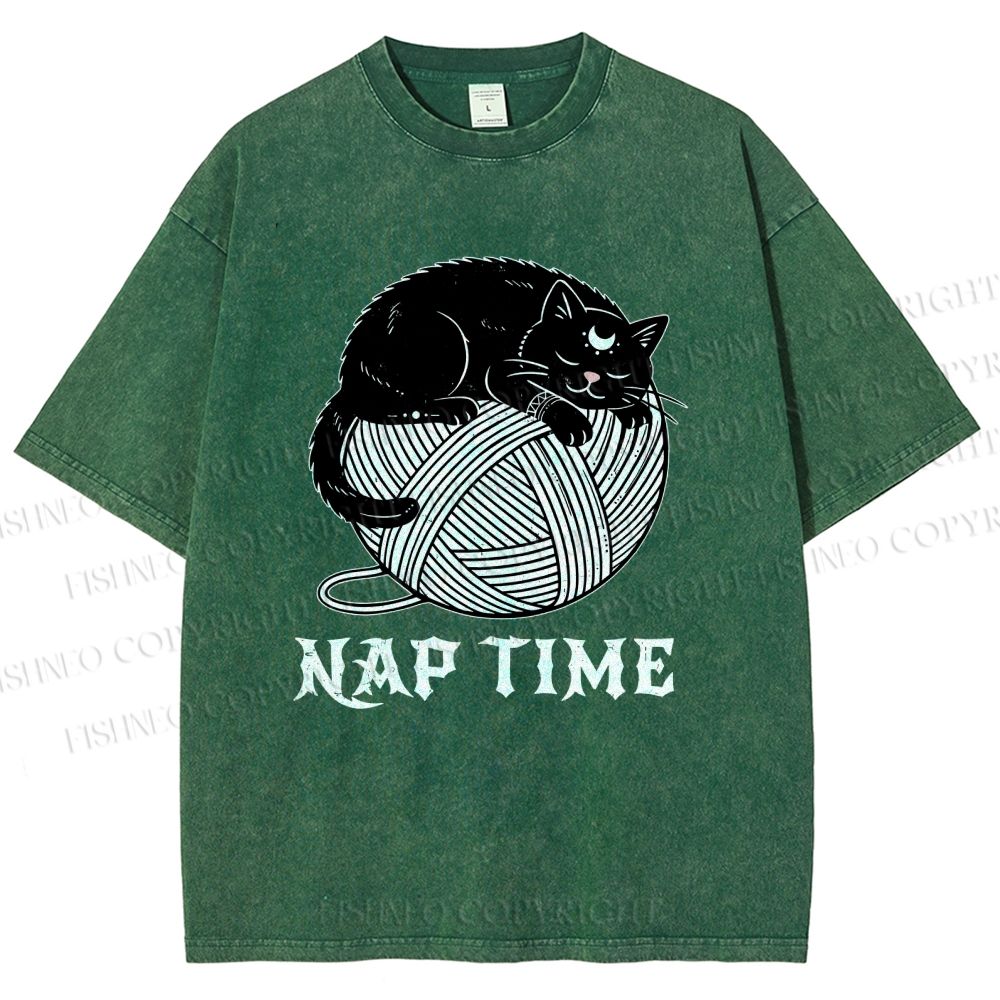 Unisex Nap Time Cat Printed Washed Tee