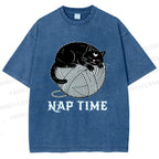 Unisex Nap Time Cat Printed Washed Tee