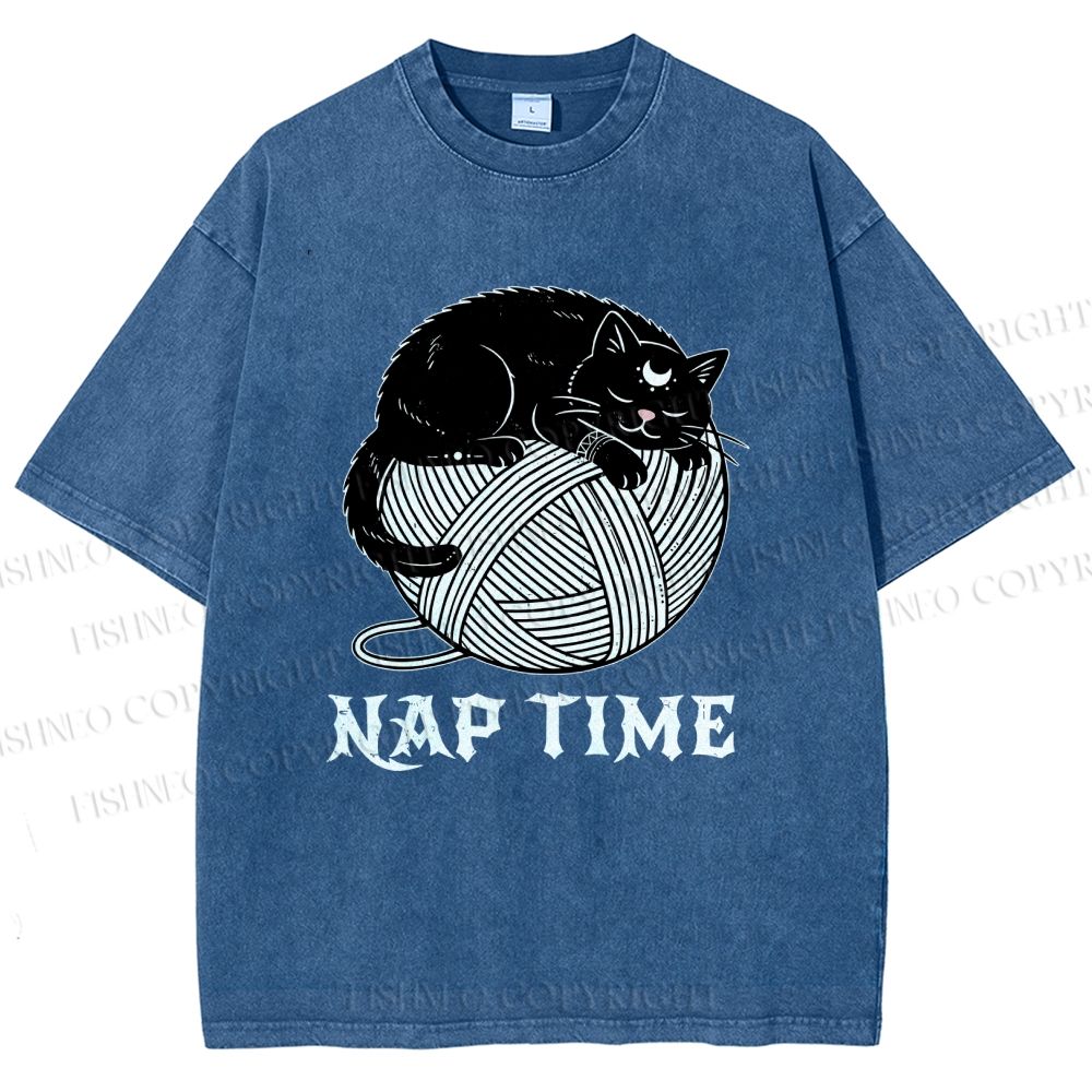 Unisex Nap Time Cat Printed Washed Tee