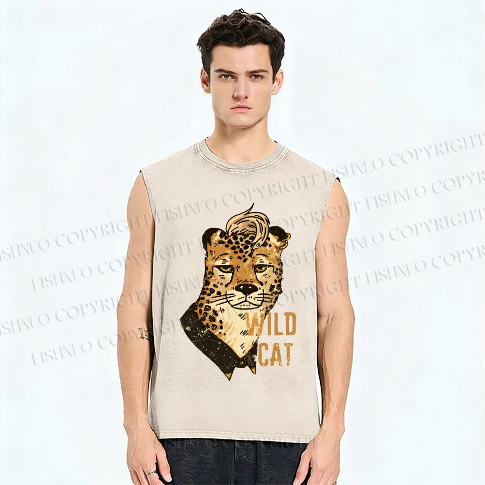 Unisex Wild Cat Panther Printed Washed Tank Top