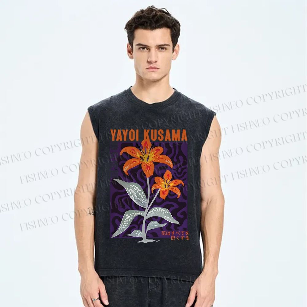 Unisex Yayoi Kusama Flower Printed Washed Tank Top