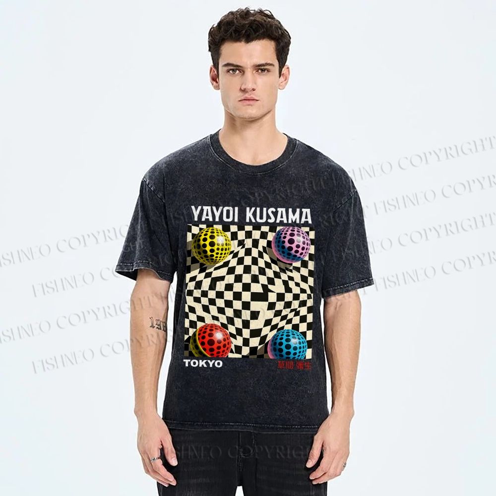 Unisex Yayoi Kusama 3D Geometric Pattern Printed Washed Tee