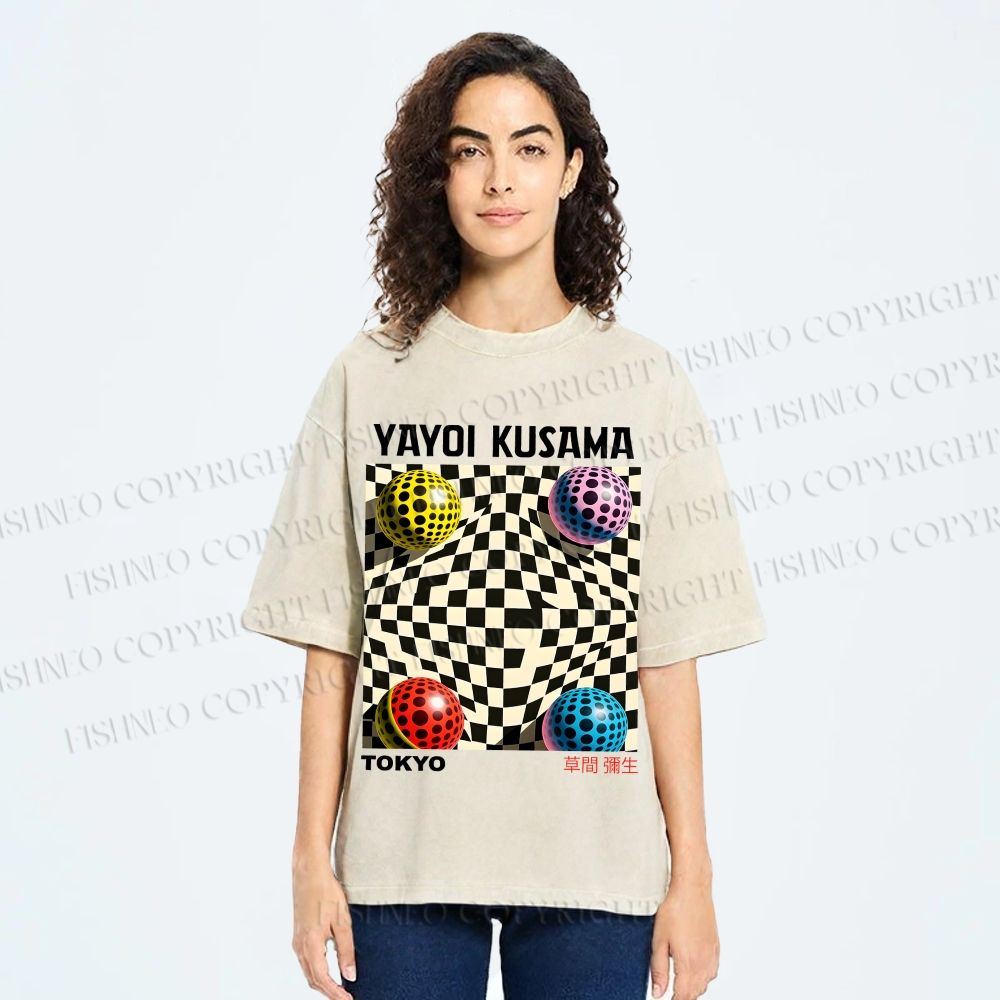 Unisex Yayoi Kusama 3D Geometric Pattern Printed Washed Tee