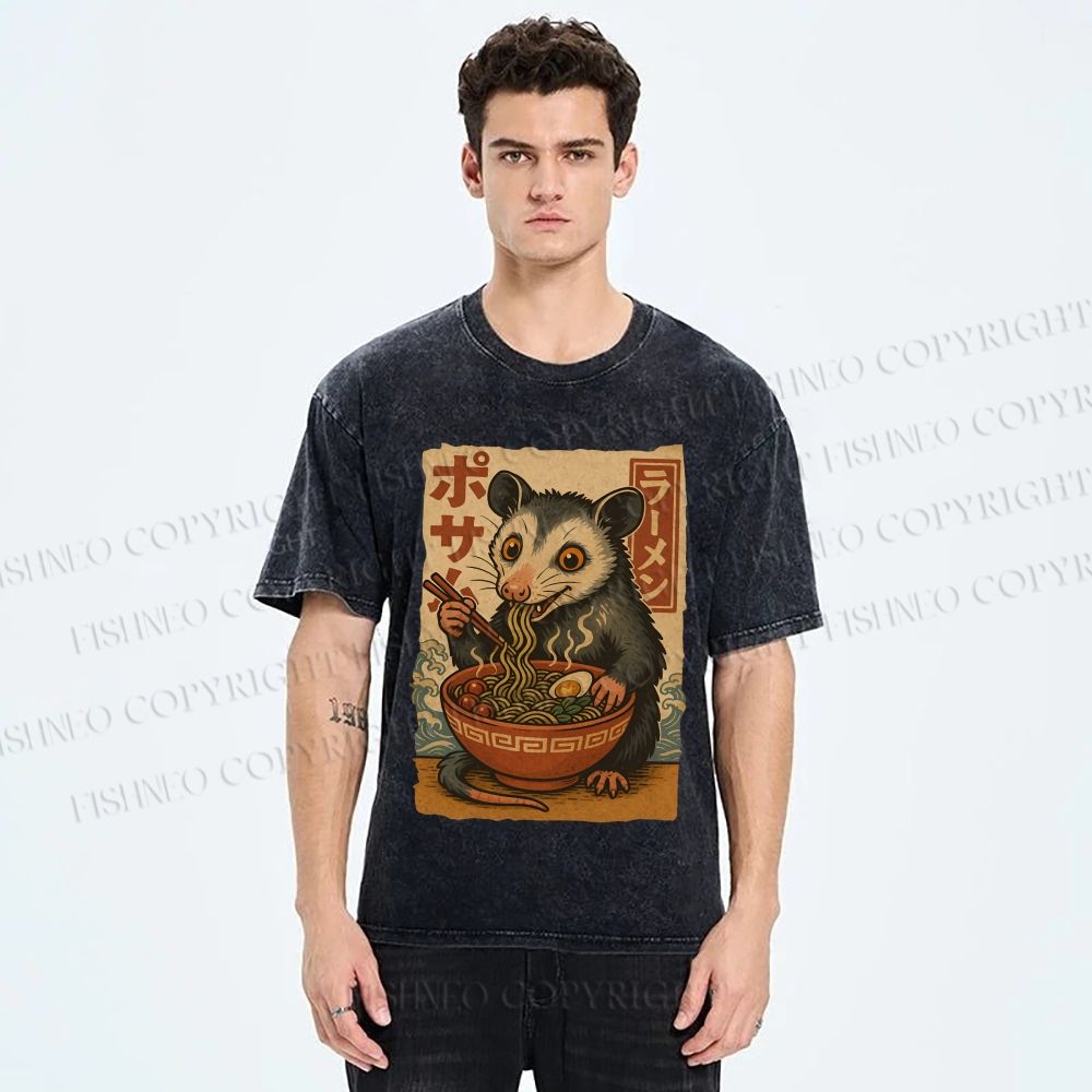 Unisex Japanese Ramen Opossum Printed Washed Tee