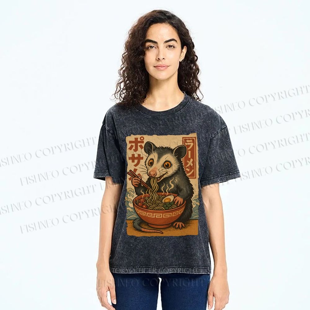 Unisex Japanese Ramen Opossum Printed Washed Tee