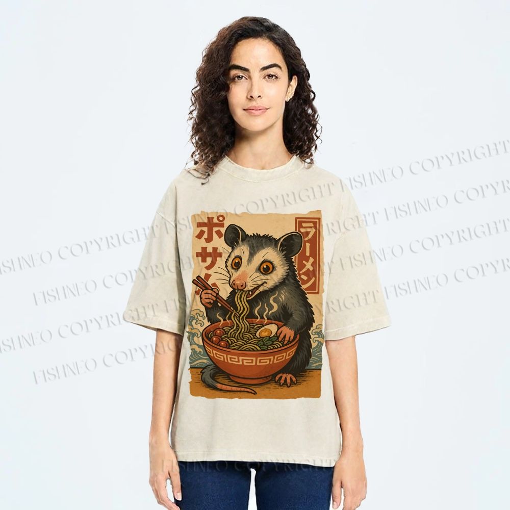 Unisex Japanese Ramen Opossum Printed Washed Tee