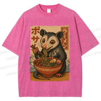 Unisex Japanese Ramen Opossum Printed Washed Tee