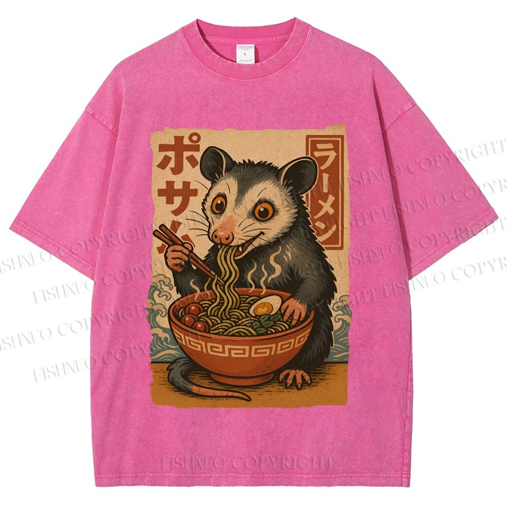 Unisex Japanese Ramen Opossum Printed Washed Tee