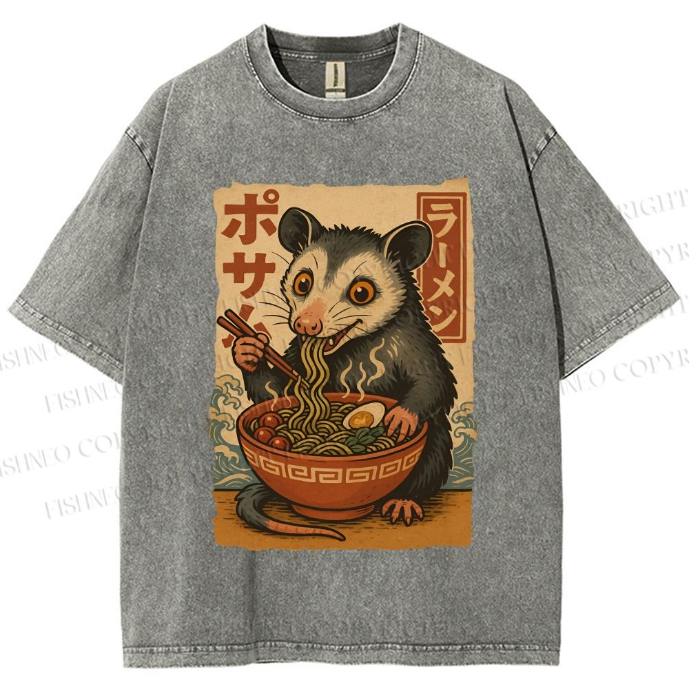Unisex Japanese Ramen Opossum Printed Washed Tee