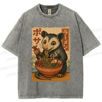 Unisex Japanese Ramen Opossum Printed Washed Tee
