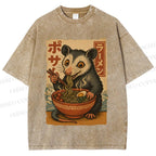 Unisex Japanese Ramen Opossum Printed Washed Tee