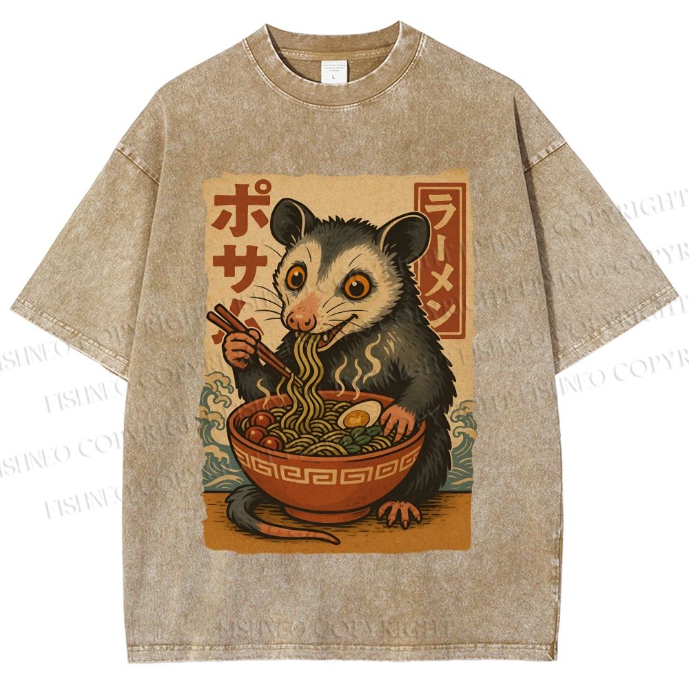 Unisex Japanese Ramen Opossum Printed Washed Tee
