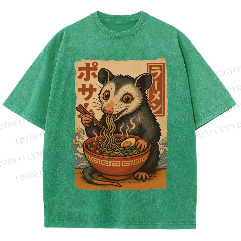 Unisex Japanese Ramen Opossum Printed Washed Tee