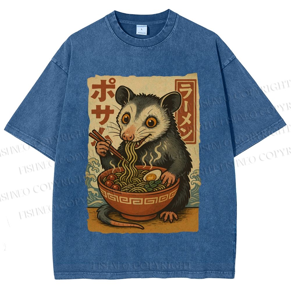 Unisex Japanese Ramen Opossum Printed Washed Tee