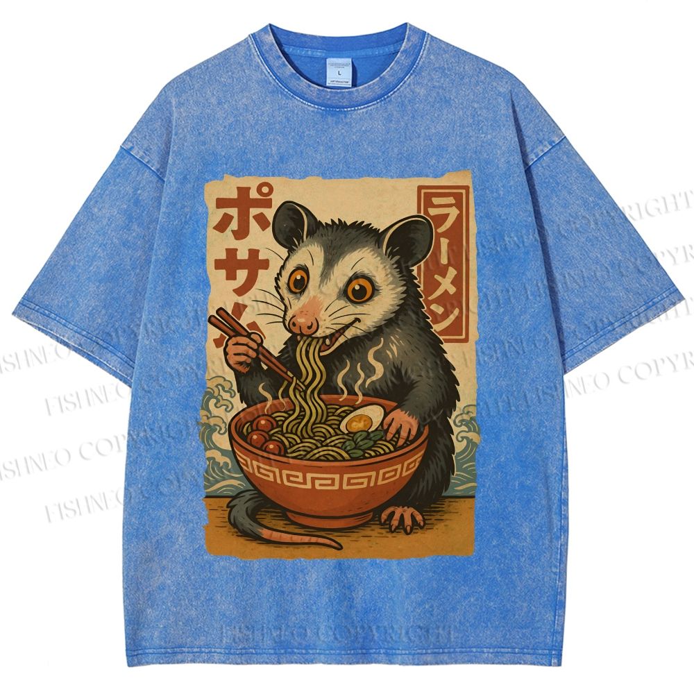 Unisex Japanese Ramen Opossum Printed Washed Tee