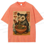 Unisex Japanese Ramen Opossum Printed Washed Tee