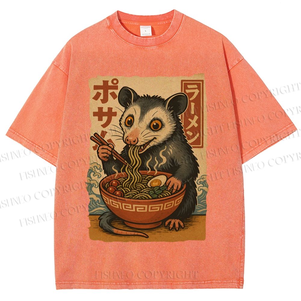 Unisex Japanese Ramen Opossum Printed Washed Tee