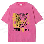 Unisex Just Be Free Tiger Printed Washed Tee