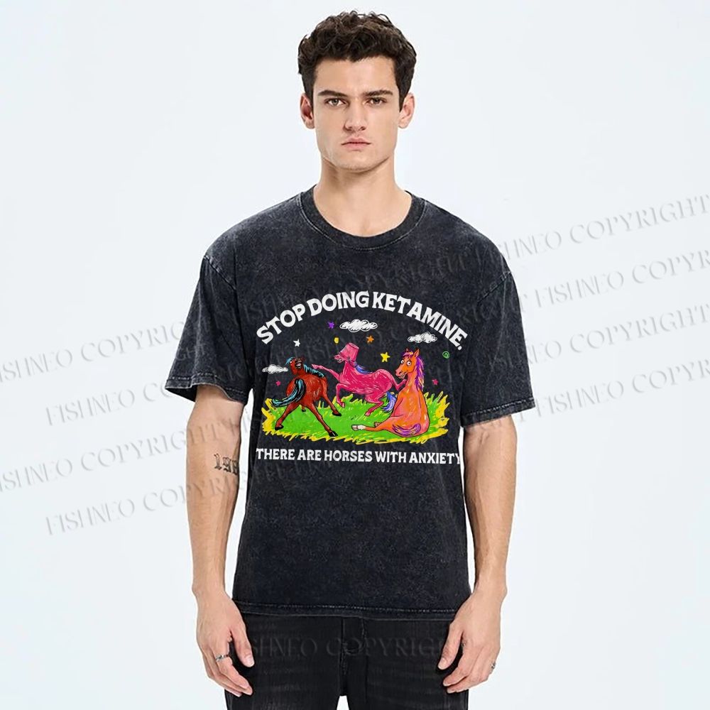Unisex Horses With Anxiety Printed Washed Tee
