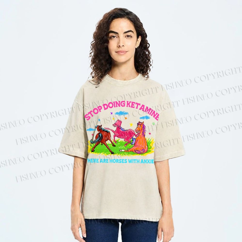 Unisex Horses With Anxiety Printed Washed Tee