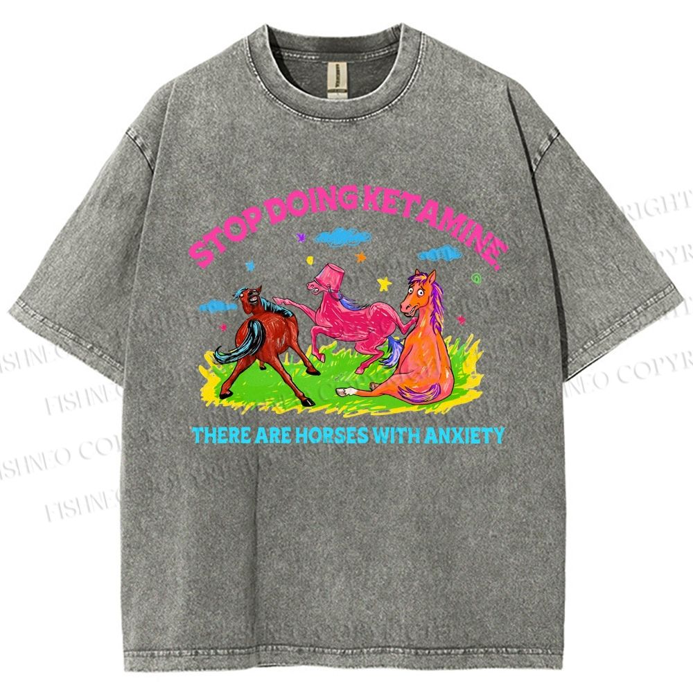 Unisex Horses With Anxiety Printed Washed Tee