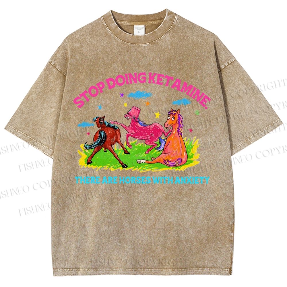 Unisex Horses With Anxiety Printed Washed Tee