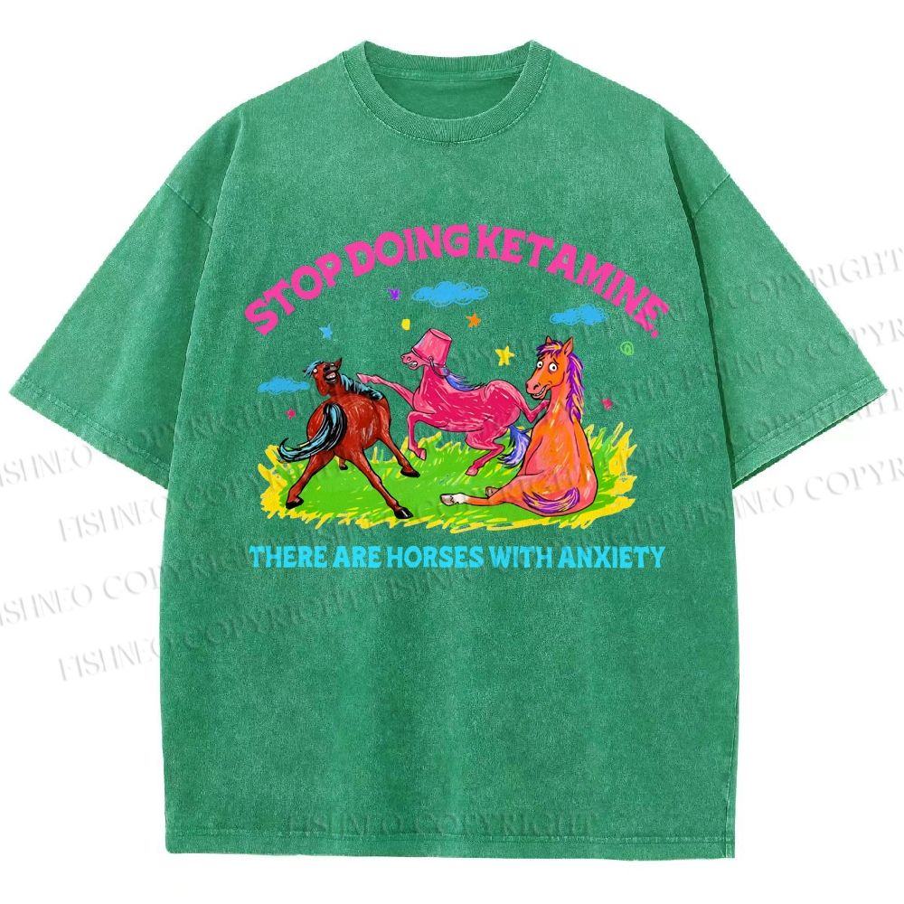 Unisex Horses With Anxiety Printed Washed Tee