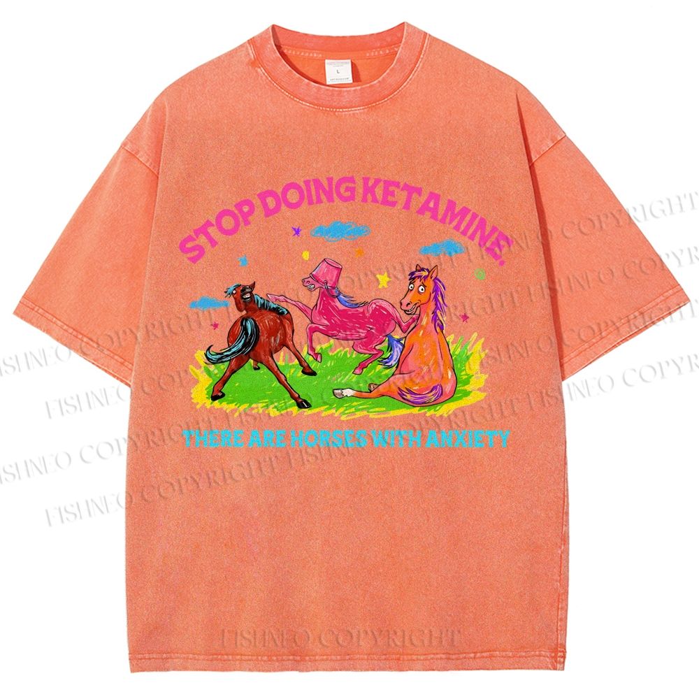 Unisex Horses With Anxiety Printed Washed Tee