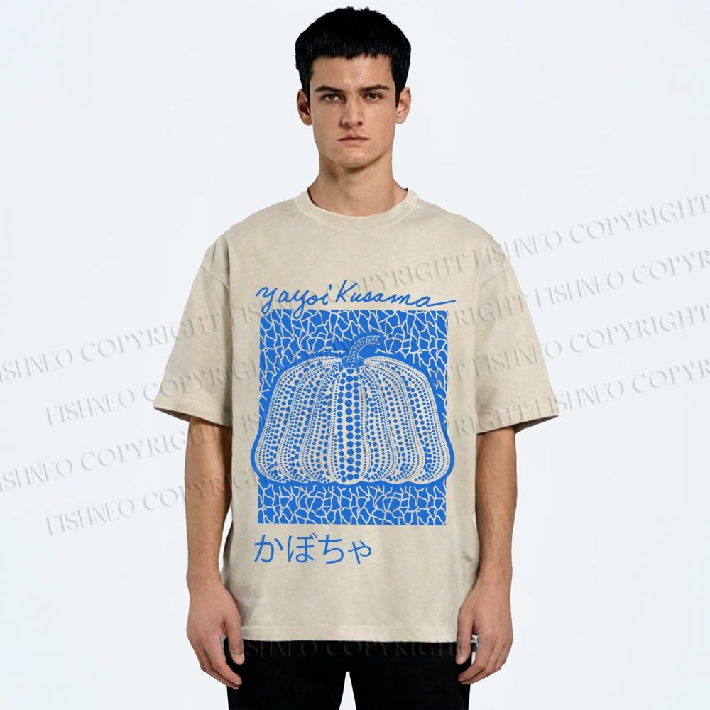 Unisex Yayoi Kusama Blue Pumpkin Printed Washed Tee