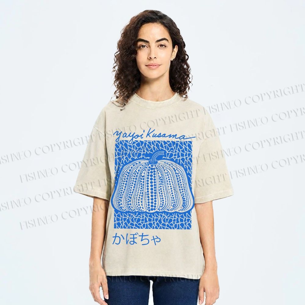 Unisex Yayoi Kusama Blue Pumpkin Printed Washed Tee