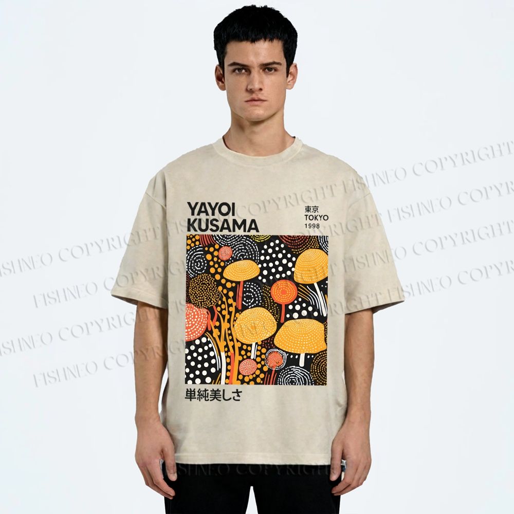 Unisex Yayoi Kusama Yellow Dots Graffiti Printed Washed Tee