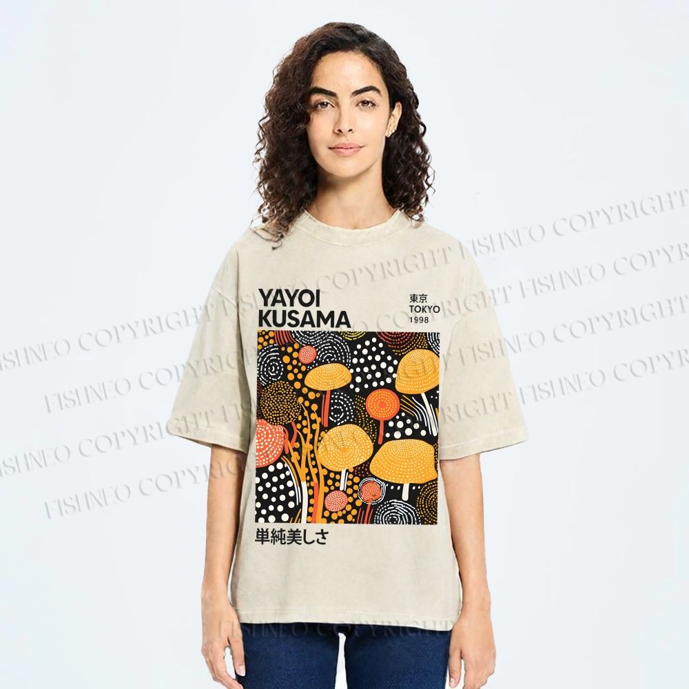 Unisex Yayoi Kusama Yellow Dots Graffiti Printed Washed Tee
