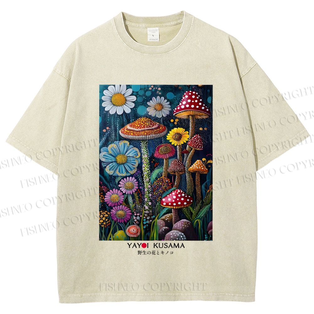 Unisex Yayoi Kusama Flowers Mushrooms Printed Washed Tee