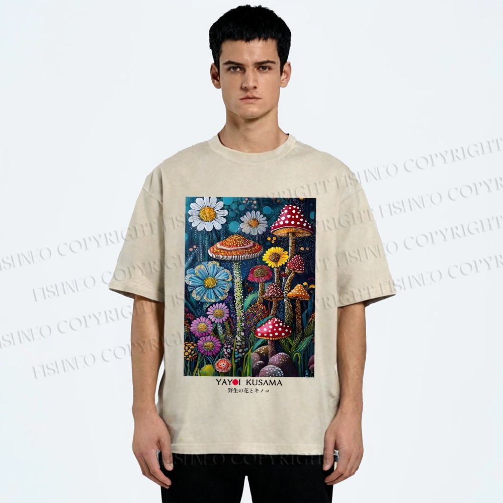 Unisex Yayoi Kusama Flowers Mushrooms Printed Washed Tee