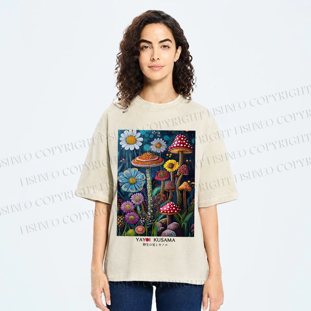 Unisex Yayoi Kusama Flowers Mushrooms Printed Washed Tee