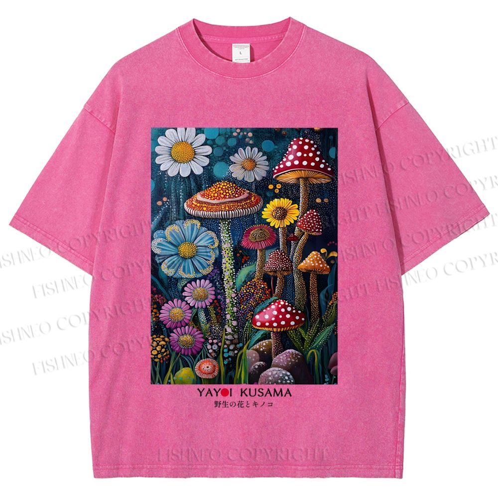 Unisex Yayoi Kusama Flowers Mushrooms Printed Washed Tee