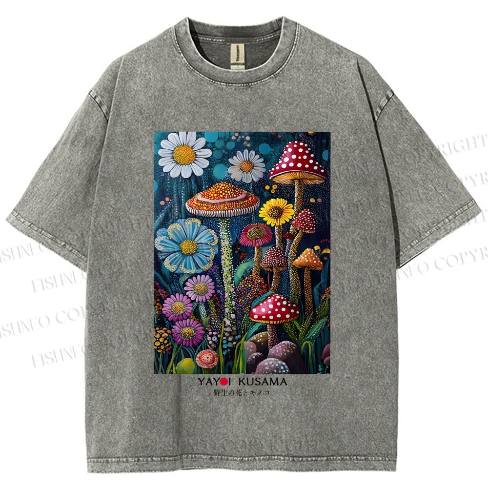 Unisex Yayoi Kusama Flowers Mushrooms Printed Washed Tee