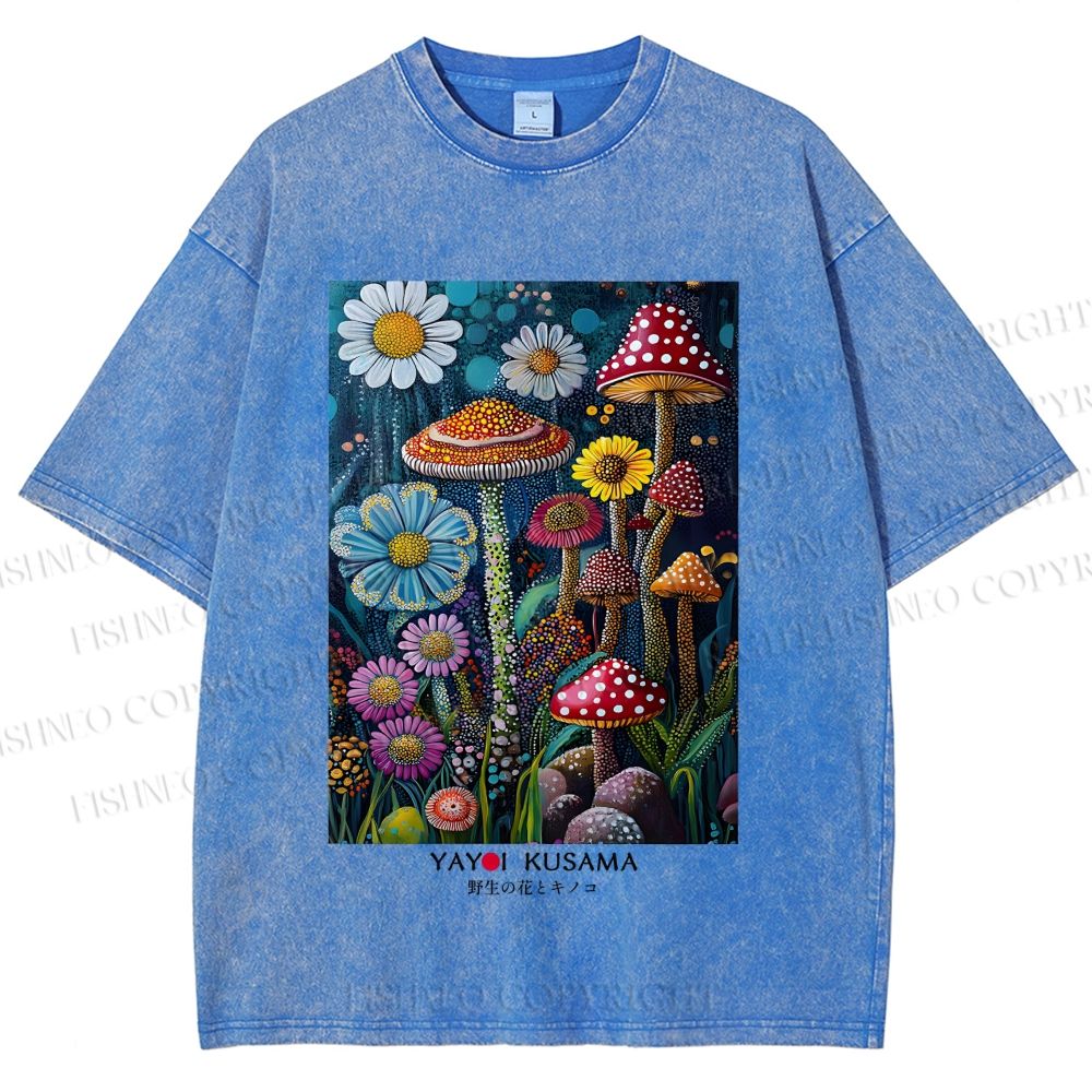 Unisex Yayoi Kusama Flowers Mushrooms Printed Washed Tee