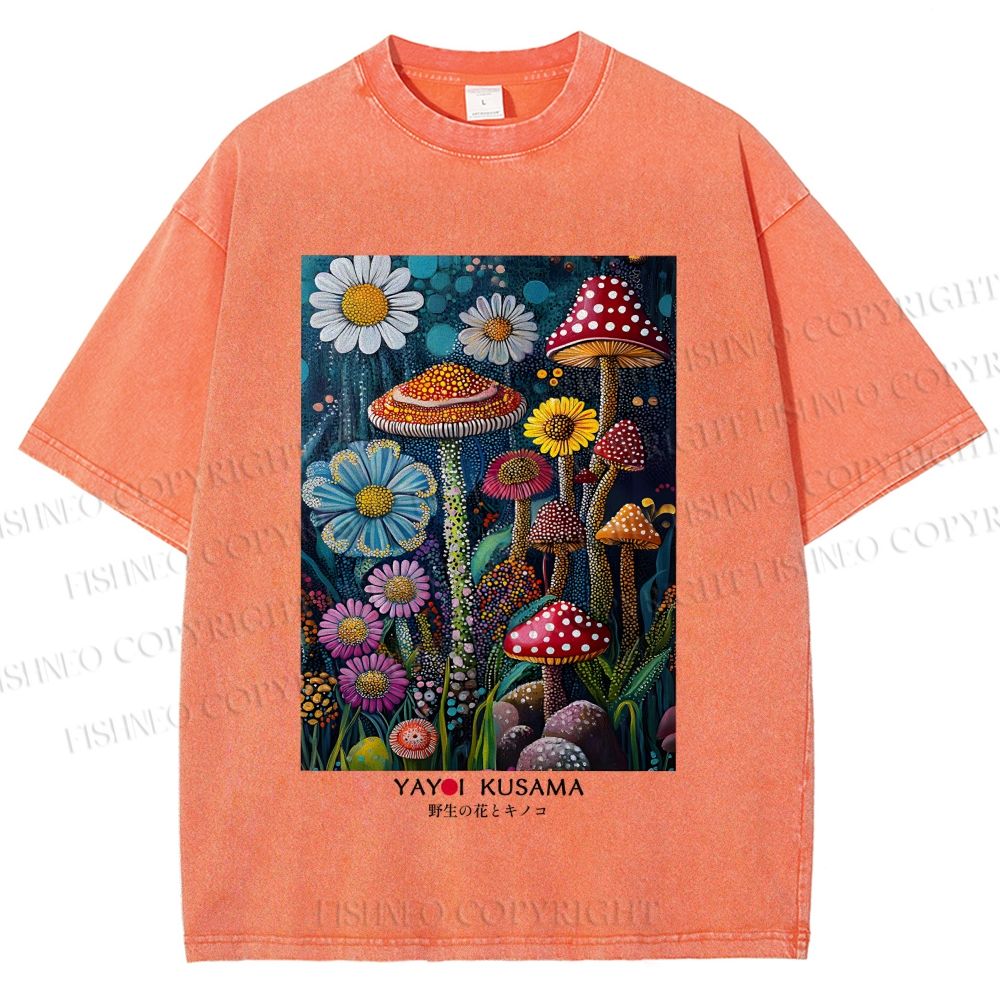 Unisex Yayoi Kusama Flowers Mushrooms Printed Washed Tee