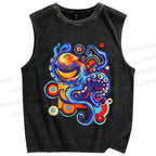 Unisex Art Color Octopus Printed Washed Tank Top