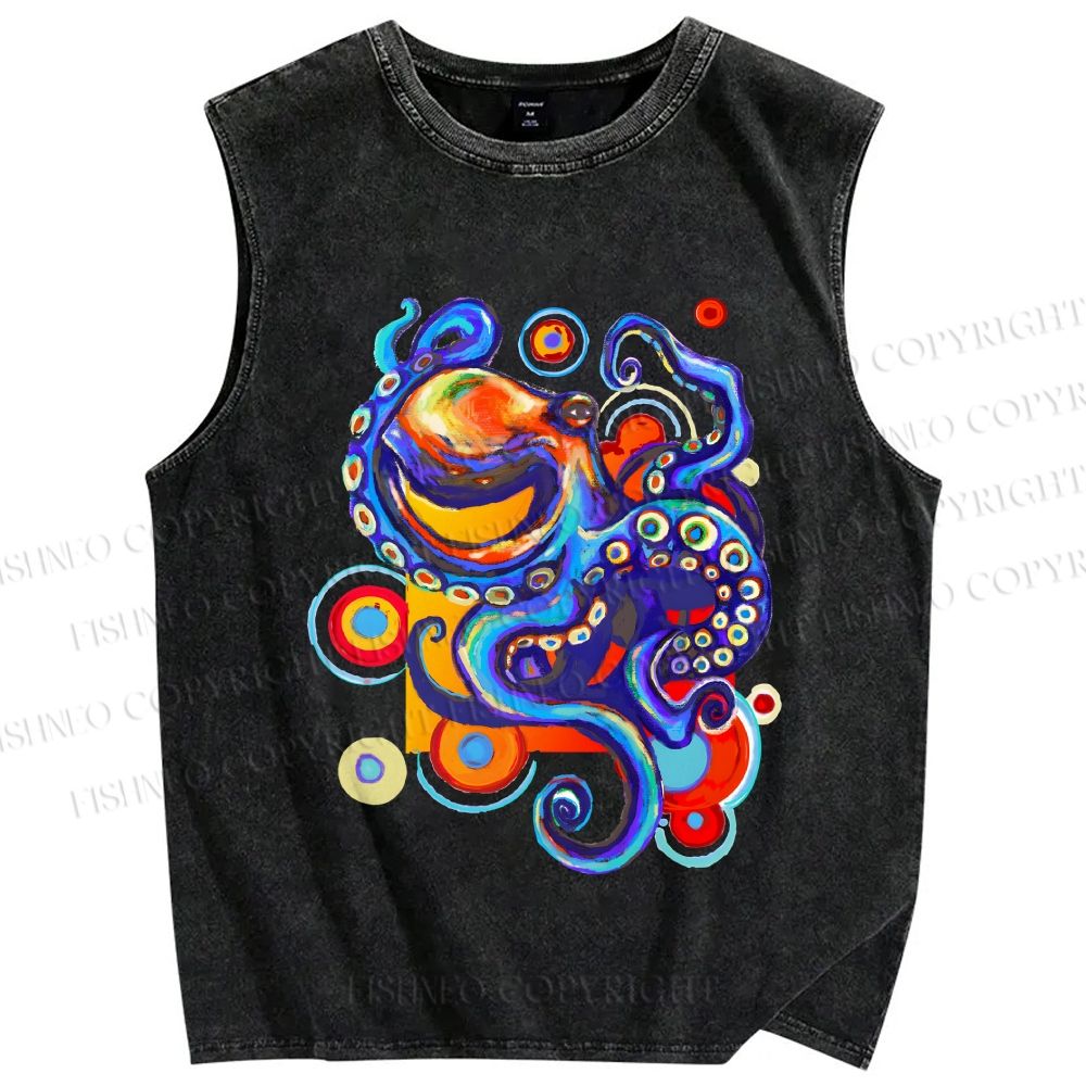 Unisex Art Color Octopus Printed Washed Tank Top