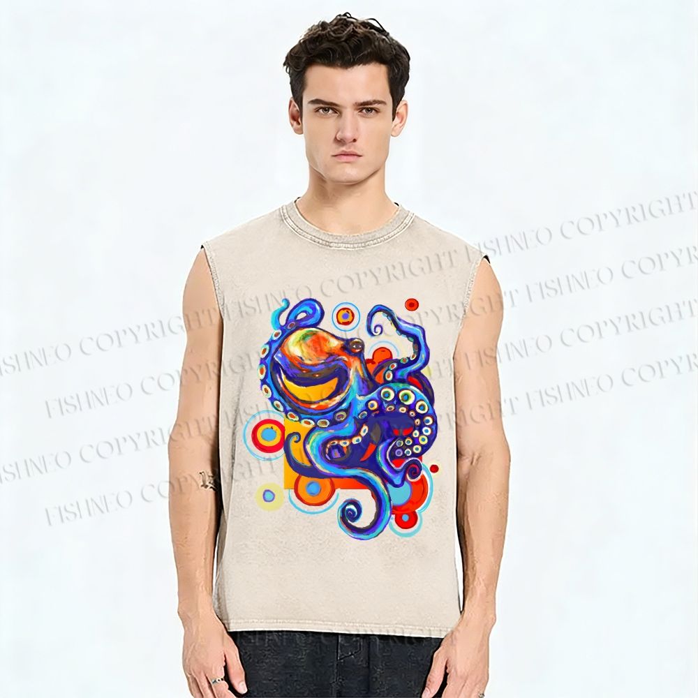 Unisex Art Color Octopus Printed Washed Tank Top