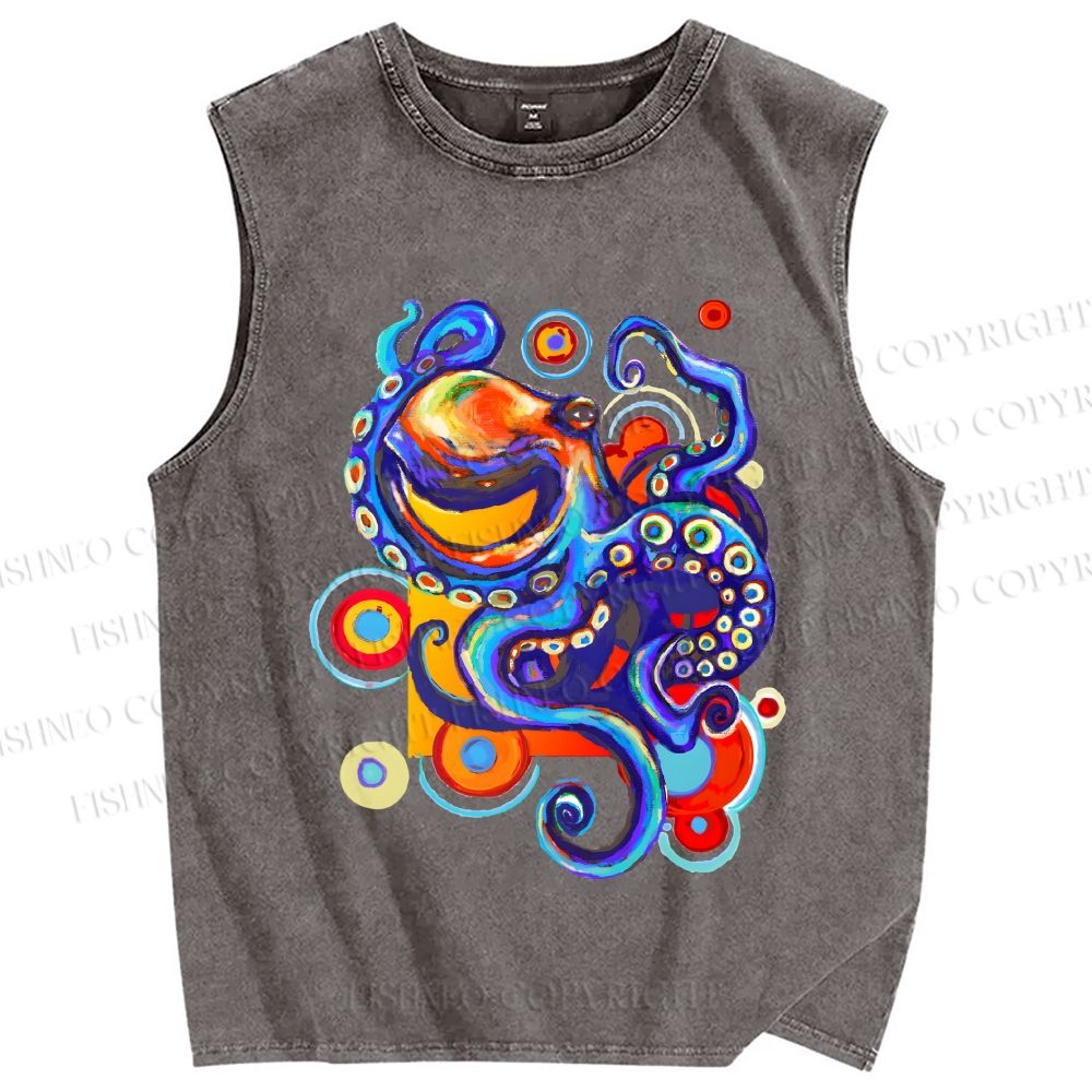 Unisex Art Color Octopus Printed Washed Tank Top