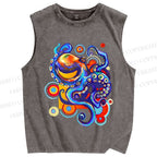 Unisex Art Color Octopus Printed Washed Tank Top