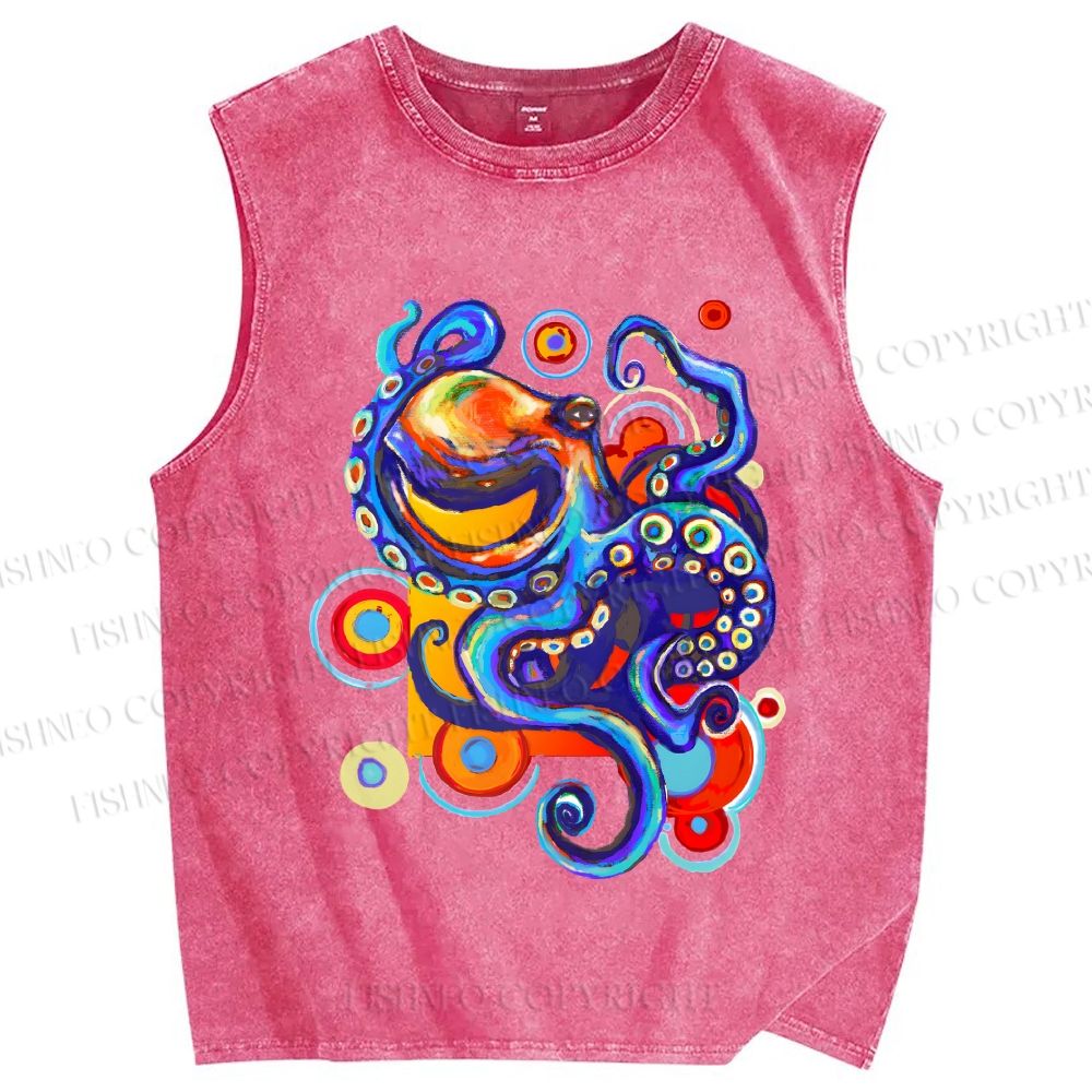 Unisex Art Color Octopus Printed Washed Tank Top