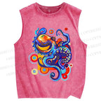 Unisex Art Color Octopus Printed Washed Tank Top