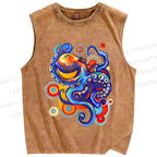 Unisex Art Color Octopus Printed Washed Tank Top