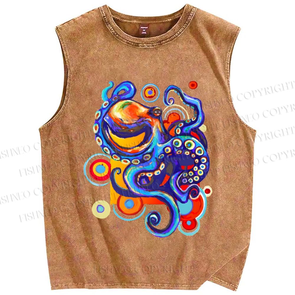 Unisex Art Color Octopus Printed Washed Tank Top
